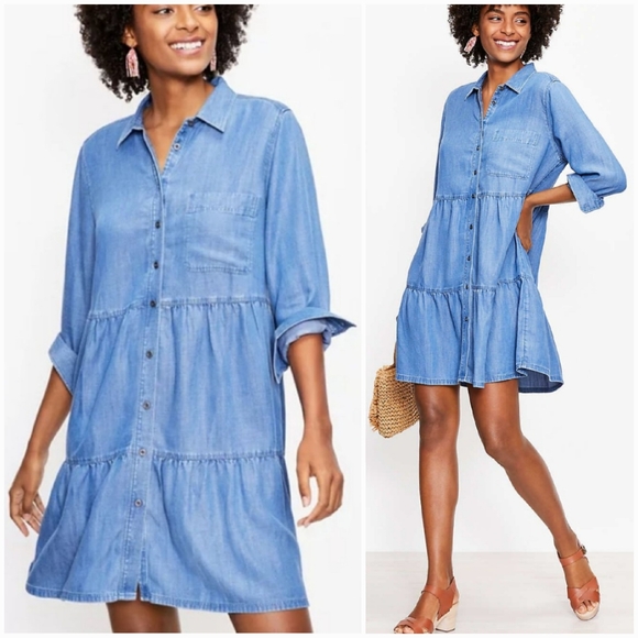 LOFT Dresses & Skirts - LOFT, Denim Blue Chambray Linen Blend Tiered Pocket Shirt Dress, Size Medium